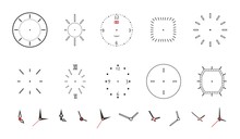 Clock Faces. Modern Wall Watch Face Design. Isolated Dials With Needles, Numbers And Arrows. Black Minimalistic Timepiece Vector Symbols. Time And Clock, Number Hour And Second Illustration