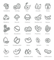 Wall Mural - Super food icons. Berries nuts beans ingredients. Diet and detox healthy fruits. Organic selection supplements, vegan vector line symbols. Natural food berry and nutrient collection illustration
