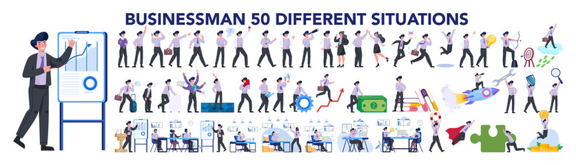 Businessman character set. Poses and meeting, data and hero.