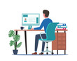 Young man working on computer. Business people sitting at office desk. Flat design vector illustration