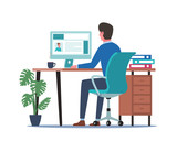 Fototapeta Dinusie - Young man working on computer. Business people sitting at office desk. Flat design vector illustration