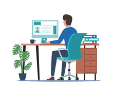 Young Man Working On Computer. Business People Sitting At Office Desk. Flat Design Vector Illustration