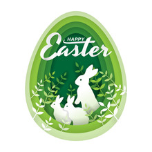 Paper Art And Digital Craft Style Of Rabbits In The Bushes That Are Inside The Green Egg Shape, Happy Easter Day Concept