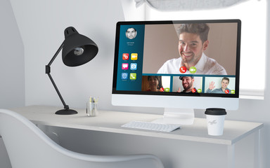 Wall Mural - 3d desktop workspace rendering video conference online