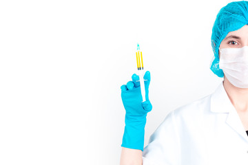 Young female doctor doing a blood test in a laboratory. drug and medical vaccine finding studies. health concept.