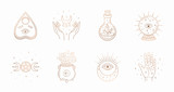 Fototapeta Boho - Mystic boho logo, design elements with moon, hands, star, eye, crystal bottle, ball future. Vector magic symbols isolated on white background