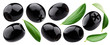 Pitted olives collection. Black olive isolated on white background