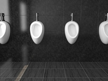 White Ceramic Urinals. On Black Tiles Background. Public Toilet. 3d Rendering Illustration