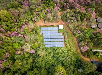 Aerial view of Solar cell panels installation on the high mountains in remote area of Northern Thailand. Solar cell can convert energy from the sun to electricity.