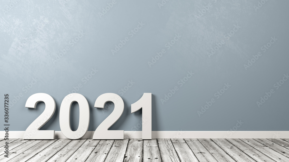 2021 Number Text on Wooden Floor Against Wall - obrazy, fototapety, plakaty 