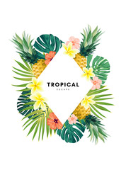 Green summer tropical background with exotic monstera palm leaves, pineapples, plumeria and hibiscus flowers. Vector floral background. Party flyer, invitation or banner template.