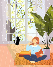 Woman Leisure Reading Book In Cozy Flat Apartement Interior Design With Big Nature Window. Vector Cartoon Hand Drawn Artistic Design.