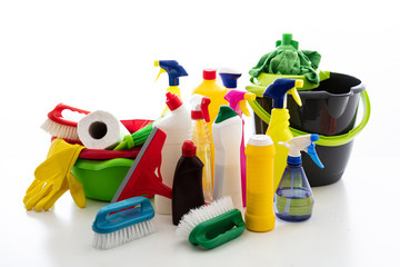 Wall Mural - Cleaning supplies and bucket isolated against white background.