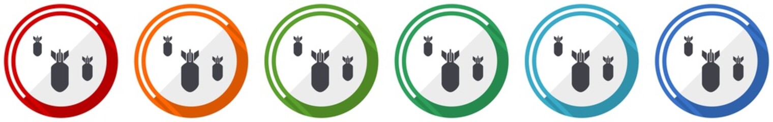 Leinwandbilder - Bomb icon set, war, military, weapon flat design vector illustration in 6 colors options for webdesign and mobile applications
