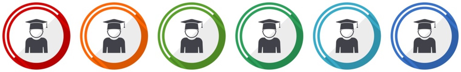 Fototapete - Educate icon set, education, graduate, male student flat design vector illustration in 6 colors options for webdesign and mobile applications