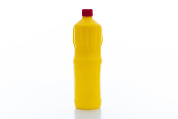 Plastic container with chlorine bleach isolated against white background.