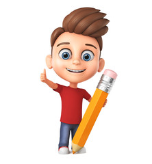 Wall Mural - Little cartoon character boy with pencil on a white background. 3D rendering illustration.