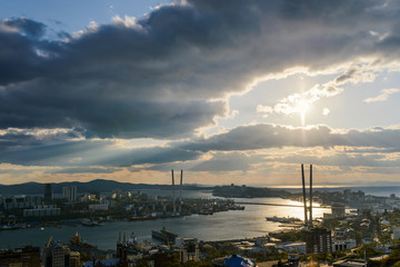 Fototapete - Vladivostok cityscape, sunset view.