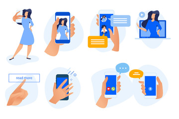 Flat design concept icons collection. Vector illustrations of social media, networking, smartphone services and using, selfie, video call and communication. Icons for graphic and web designs.