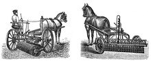 Antique Hay Tedder Machine And Wooden Agriculture Cart Real Oldfashion Agriculture With Horses / Antique Engraved Illustration From Brockhaus Konversations-Lexikon 1908