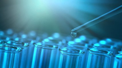 Test tube row. Concept of medical or science laboratory, liquid drop droplet with dropper in blue tone background, close up, micro photography picture.