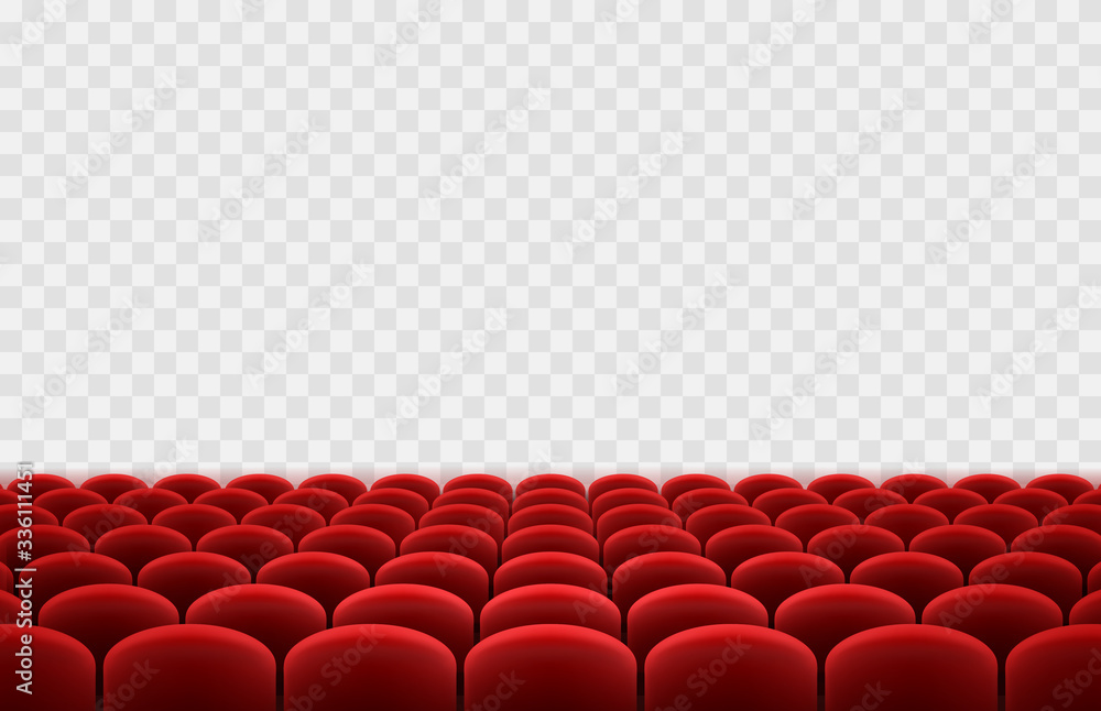 Cinema or movie seats isolated on transparent background. Vector rows of realistic red theater chairs. Empty hall, show stage template. - obrazy, fototapety, plakaty 