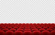 Cinema or movie seats isolated on transparent background. Vector rows of realistic red theater chairs. Empty hall, show stage template.