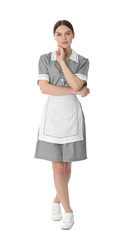 Wall Mural - Young chambermaid in uniform on white background