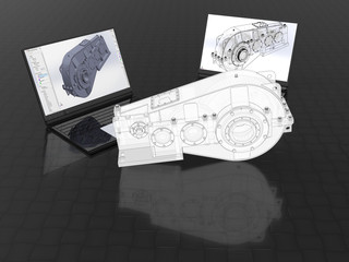 Wall Mural - 3D rendering - computer aided design of a gear reducer