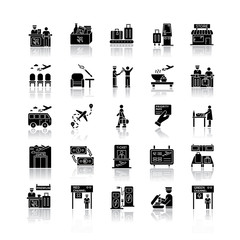 Canvas Print - Airport terminal drop shadow black glyph icons set. Boarding pass. Smoking area. Lounge for passenger waiting. Transportation transit. Airline services. Isolated vector illustrations on white space