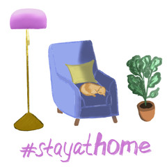 Stay at home set, text and lettering. Illustration of  blue armchair,  golden and pink torchiere, red kitten sleeping on chair, vase with home plant. home interior