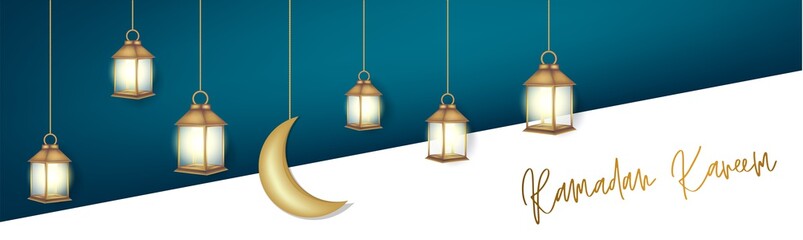 Ramadan Kareem banner or header. Arabic religious holiday concept. Hanging golden lantern and moon over blue and white background. Vector illustration with lettering.