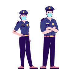 Wall Mural - Police officers in covid19 pandemic flat isolated vector illustration. Cops in surgical masks 2D cartoon character with outline on white background. Law enforcement in coronavirus outbreak