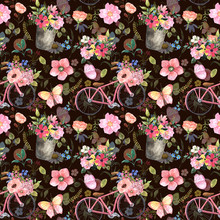 Watercolor Spring Or Summer Flowers And Bicycle Seamless Pattern. Cute Botanical Print, Blooming Meadow Illustration With Bike And Wildflower Bouquet, Herbs, Leaf On Black Background.