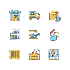 Sticker - Inventory management RGB color icons set. Storage place, goods receipt, spoilage and purchase returns. Product barcode and shelf life. Isolated vector illustrations