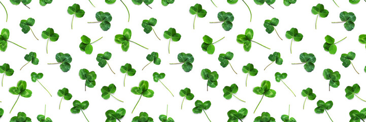 Wall Mural - Green clover, the symbol of the holiday St. patrick's day. Seamless pattern of clover leaves isolated on white background, top view, flat lay.