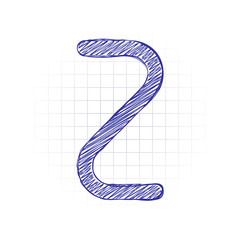 Number two, numeral, simple letter. Hand drawn sketched picture with scribble fill. Blue ink. Doodle on white background