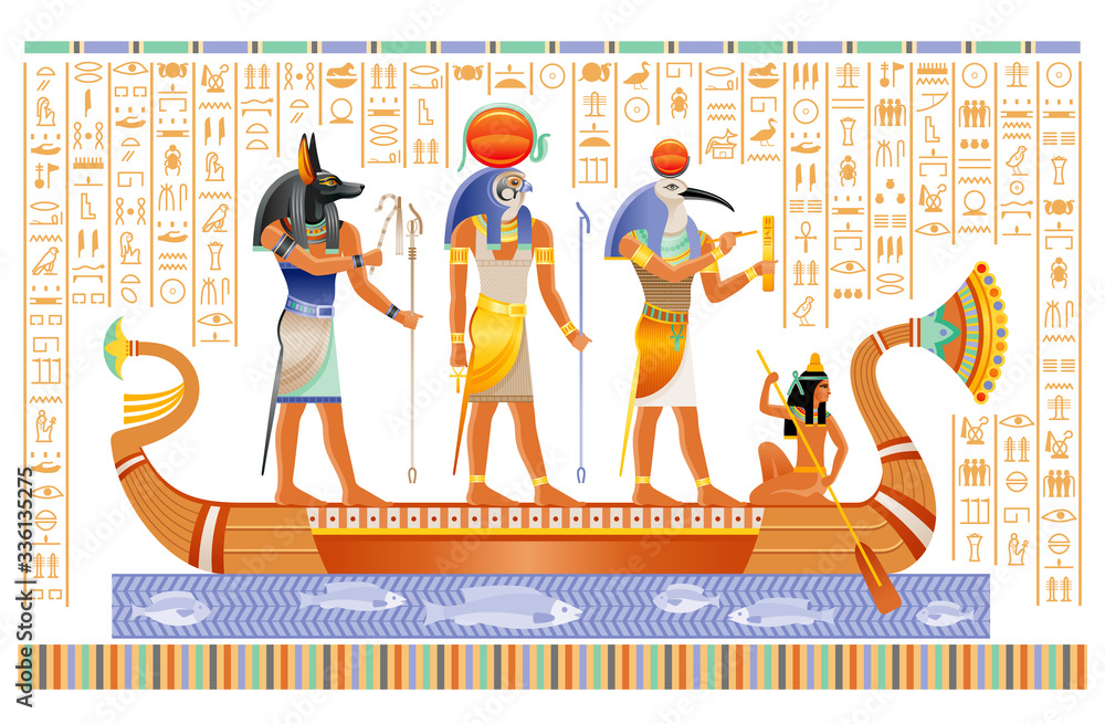 Egyptian papyrus with gods in boat. Anubis, Ra, Thoth, ancient Egyptian deities in old historical paper art. Vector illustration isolated on white. Ancient Egypt papyrus with hieroglyph script set. - obrazy, fototapety, plakaty 