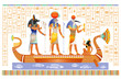 Egyptian papyrus with gods in boat. Anubis, Ra, Thoth, ancient Egyptian deities in old historical paper art. Vector illustration isolated on white. Ancient Egypt papyrus with hieroglyph script set.