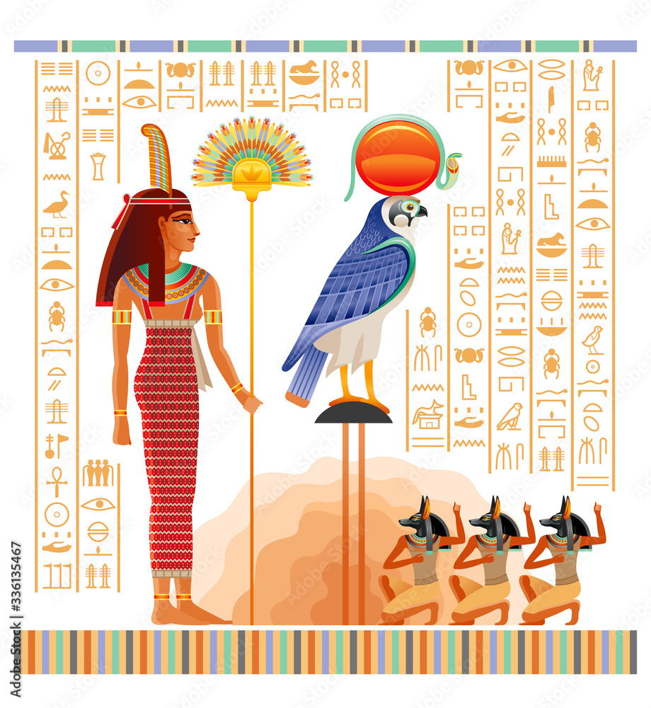 Egyptian papyrus with illustration from Tomb of Nakht in Luxor, afterlife Duat vector. Gods Ra and Anubis, Maat goddess with ostrich feather and fan. Vector ancient Egypt papyrus with hieroglyph text - obrazy, fototapety, plakaty 
