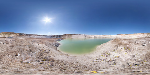 Wall Mural - full seamless hdri panorama 360 degrees angle view near quarry flooded with water for sand extraction mining in sunny day with clear sky in equirectangular spherical projection for VR AR content