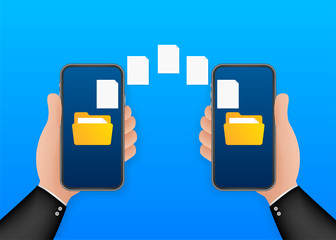 Sticker - Data image file transfer between device smartphone. File transfer copy files data sheet exchange concept. Vector stock illustration.