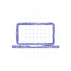 Laptop or notebook computer icon. Hand drawn sketched picture with scribble fill. Blue ink. Doodle on white background