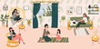 © Seahorsevector - Hygge home concept, women and girl siiting in scandinavian style room spending time at cosy home flat vector illustration. Woman reads book in armchair, plays with daughter in hygge furnished room.