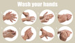 © New Africa - Steps of washing hands effectively. Collage with man on beige background, closeup