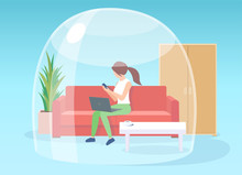 Vector Of A Woman Staying At Home Working On Laptop, Self Isolated During Quarantine Inside Glass Dome