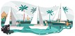 Seaside promenade summer landscape, people on yacht in sea, tropical resort and palm trees on beach cartoon vector illustration. Seafront promenade vacation romantic boats with couples.