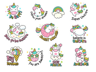 Poster - Unicorn labels collection. Retro fashioned stickers and badges with fantasy funny characters vector set. Label doodle badge unicorn sticker illustration