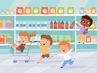 Sticker - Kids in shopping. Mother with children purchase product active characters vector background. Shopping purchase, kids happy playing in retail illustration