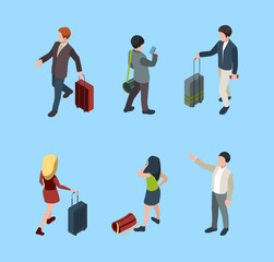 Sticker - Travellers isometric. Family couples with luggage tourists with baggage vector people in various poses. Illustration traveller character people in airport